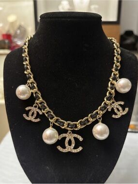 Brand New Gold and Pearl CC Charm Statement Necklace